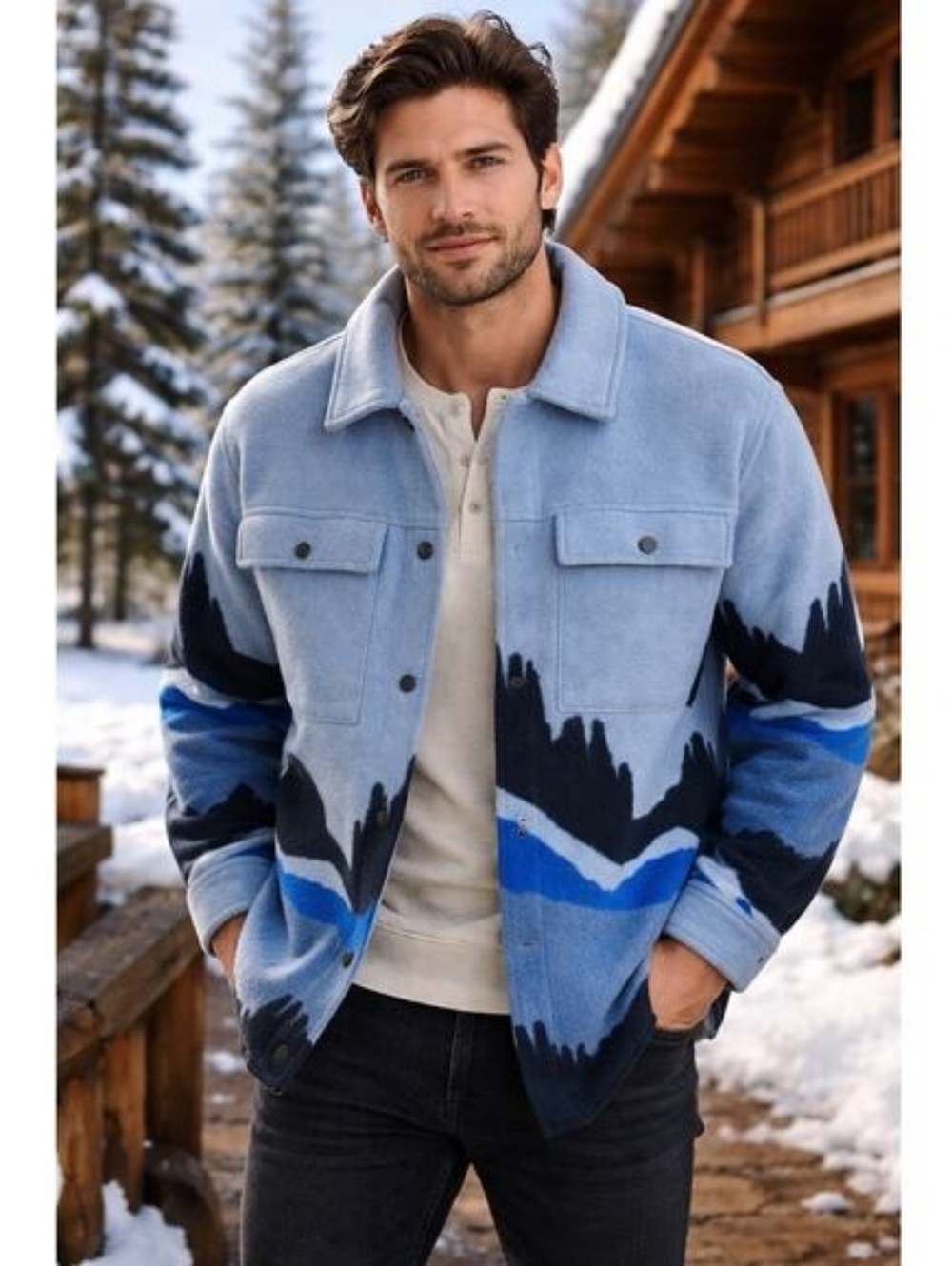 Wild Fable Mountain Landscape Apres Ski Blue Oversized Shacket XL Mountains